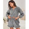 imageFlygo Women Gingham 2 Piece Pajama Sets Y2K Plaid Ruffle Short Sets Raglan Sleeve Shirt Lounge Shorts Sleepwear with PocketsBlack