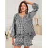 imageFlygo Women Gingham 2 Piece Pajama Sets Y2K Plaid Ruffle Short Sets Raglan Sleeve Shirt Lounge Shorts Sleepwear with PocketsBlack