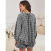 imageFlygo Women Gingham 2 Piece Pajama Sets Y2K Plaid Ruffle Short Sets Raglan Sleeve Shirt Lounge Shorts Sleepwear with PocketsBlack