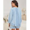 imageFlygo Women Gingham 2 Piece Pajama Sets Y2K Plaid Ruffle Short Sets Raglan Sleeve Shirt Lounge Shorts Sleepwear with PocketsBlue
