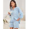 imageFlygo Women Gingham 2 Piece Pajama Sets Y2K Plaid Ruffle Short Sets Raglan Sleeve Shirt Lounge Shorts Sleepwear with PocketsBlue