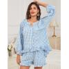 imageFlygo Women Gingham 2 Piece Pajama Sets Y2K Plaid Ruffle Short Sets Raglan Sleeve Shirt Lounge Shorts Sleepwear with PocketsBlue