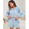 imageFlygo Women Gingham 2 Piece Pajama Sets Y2K Plaid Ruffle Short Sets Raglan Sleeve Shirt Lounge Shorts Sleepwear with PocketsBlue