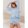 imageFlygo Women Gingham 2 Piece Pajama Sets Y2K Plaid Ruffle Short Sets Raglan Sleeve Shirt Lounge Shorts Sleepwear with PocketsBlue