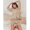 imageFlygo Women Gingham 2 Piece Pajama Sets Y2K Plaid Ruffle Short Sets Raglan Sleeve Shirt Lounge Shorts Sleepwear with PocketsBrown