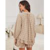 imageFlygo Women Gingham 2 Piece Pajama Sets Y2K Plaid Ruffle Short Sets Raglan Sleeve Shirt Lounge Shorts Sleepwear with PocketsBrown