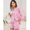 imageFlygo Women Gingham 2 Piece Pajama Sets Y2K Plaid Ruffle Short Sets Raglan Sleeve Shirt Lounge Shorts Sleepwear with PocketsPink