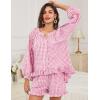 imageFlygo Women Gingham 2 Piece Pajama Sets Y2K Plaid Ruffle Short Sets Raglan Sleeve Shirt Lounge Shorts Sleepwear with PocketsPink