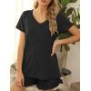 imageFlygo Womens 2 Piece Pajama Set Short Sleeve Tracksuit Sleepwear Scalloped Edges Drawstring Waist ShortsBlack