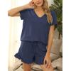 imageFlygo Womens 2 Piece Pajama Set Short Sleeve Tracksuit Sleepwear Scalloped Edges Drawstring Waist ShortsNavy