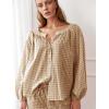 imageFlygo Womens Gingham Pajama Set 2 Piece Cotton Plaid Raglan Sleeve Button Top Straight Leg Pants Pjs Y2K Lounge Set SleepwearBrown