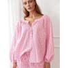 imageFlygo Womens Gingham Pajama Set 2 Piece Cotton Plaid Raglan Sleeve Button Top Straight Leg Pants Pjs Y2K Lounge Set SleepwearPink