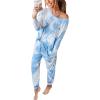 imageFlygo Womens Two Piece Pajamas Tie Dye Printed Long Sleeve Tops and Pants Joggers Sleepwear PJ Sets Nightwear LoungewearCyan