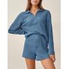 imageFlygo Womens Waffle Knit Pajama Set Long Sleeve Tops and Shorts Matching Lounge Set Loungewear SweatsuitBlue