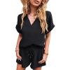 imageFlygo 2 Piece Outfits for Women Cotton Linen V Neck Short Sleeve Shirt Shorts Lounge Set with PocketsBlack