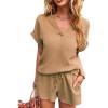 imageFlygo 2 Piece Outfits for Women Cotton Linen V Neck Short Sleeve Shirt Shorts Lounge Set with PocketsKhaki