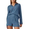 imageFlygo Womens Waffle Knit Pajama Set Long Sleeve Tops and Shorts Matching Lounge Set Loungewear SweatsuitBlue