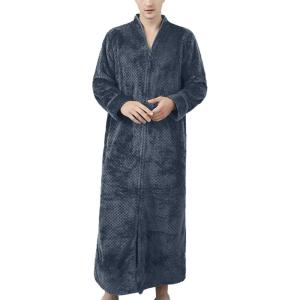 imageFlygo Adults Zip Up Warm Plush Flannel Fleece Robe Housecoat Sleepwear Dressing Gown Bathrobe for Men WomenGrey 01