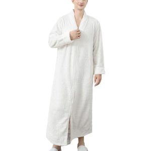 imageFlygo Adults Zip Up Warm Plush Flannel Fleece Robe Housecoat Sleepwear Dressing Gown Bathrobe for Men WomenWhite 01