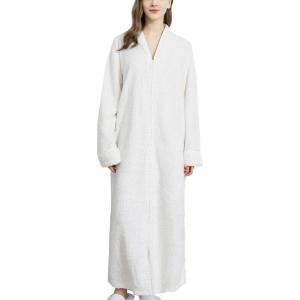 imageFlygo Adults Zip Up Warm Plush Flannel Fleece Robe Housecoat Sleepwear Dressing Gown Bathrobe for Men WomenWhite 02