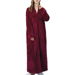 imageFlygo Adults Zip Up Warm Plush Flannel Fleece Robe Housecoat Sleepwear Dressing Gown Bathrobe for Men WomenWine Red 02