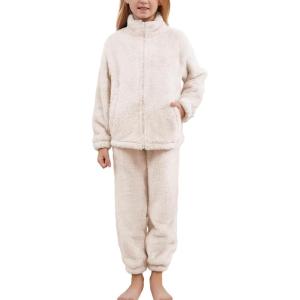 imageFlygo Girls Fuzzy Pants Sets Kid 2 Piece Winter Fleece Outfits Stand Collar Zip Up Sweatshirts Fluffy Sweatpants with PocketsBeige