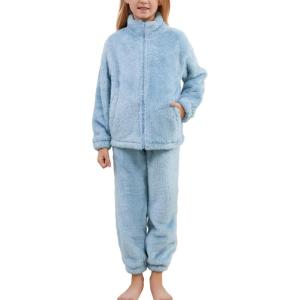 imageFlygo Girls Fuzzy Pants Sets Kid 2 Piece Winter Fleece Outfits Stand Collar Zip Up Sweatshirts Fluffy Sweatpants with PocketsBlue