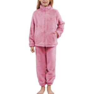 imageFlygo Girls Fuzzy Pants Sets Kid 2 Piece Winter Fleece Outfits Stand Collar Zip Up Sweatshirts Fluffy Sweatpants with PocketsPink