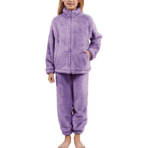 imageFlygo Girls Fuzzy Pants Sets Kid 2 Piece Winter Fleece Outfits Stand Collar Zip Up Sweatshirts Fluffy Sweatpants with PocketsPurple