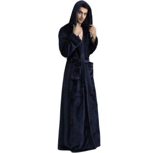 imageFlygo Mens Plush Fleece Robe with Shawl Collar Soft Warm Lightweight Hooded Spa Bath RobeNavy