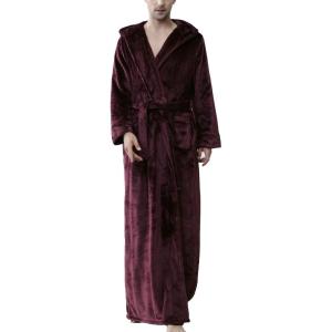 imageFlygo Mens Plush Fleece Robe with Shawl Collar Soft Warm Lightweight Hooded Spa Bath RobeWine Red