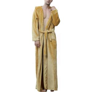 imageFlygo Mens Plush Fleece Robe with Shawl Collar Soft Warm Lightweight Hooded Spa Bath RobeYellow