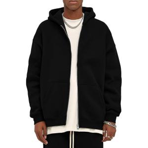 imageFlygo Mens Zip Up Hoodies Oversized Fleece Long Sleeve Drop Shoulder Hooded Sweatshirt Trendy Vintage StreetwearBlack