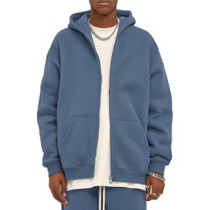 imageFlygo Mens Zip Up Hoodies Oversized Fleece Long Sleeve Drop Shoulder Hooded Sweatshirt Trendy Vintage StreetwearBlue