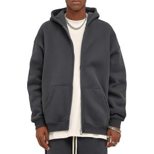 imageFlygo Mens Zip Up Hoodies Oversized Fleece Long Sleeve Drop Shoulder Hooded Sweatshirt Trendy Vintage StreetwearDark Grey