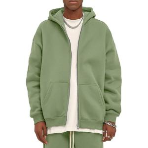 imageFlygo Mens Zip Up Hoodies Oversized Fleece Long Sleeve Drop Shoulder Hooded Sweatshirt Trendy Vintage StreetwearGreen