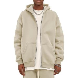 imageFlygo Mens Zip Up Hoodies Oversized Fleece Long Sleeve Drop Shoulder Hooded Sweatshirt Trendy Vintage StreetwearKhaki