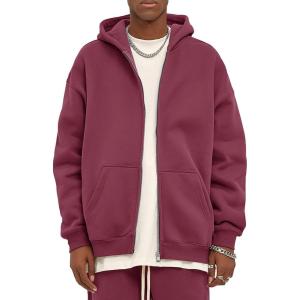 imageFlygo Mens Zip Up Hoodies Oversized Fleece Long Sleeve Drop Shoulder Hooded Sweatshirt Trendy Vintage StreetwearWine