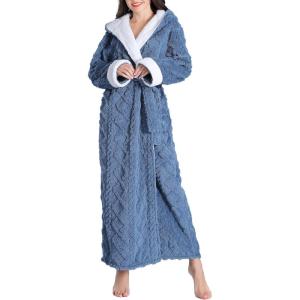 imageFlygo Plush Fleece Robe for Women Soft Warm Full Length Long Hooded Bathrobe with Hood Luxury Warm Housecoats02 Blue