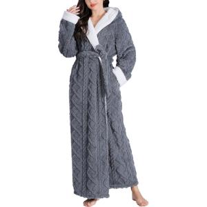 imageFlygo Plush Fleece Robe for Women Soft Warm Full Length Long Hooded Bathrobe with Hood Luxury Warm Housecoats02 Grey