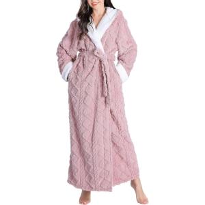 imageFlygo Plush Fleece Robe for Women Soft Warm Full Length Long Hooded Bathrobe with Hood Luxury Warm Housecoats02 Pink