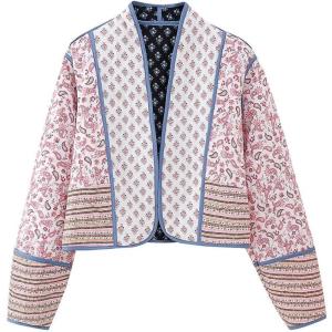 imageFlygo Women Cropped Puffer Jacket Cardigan Floral Printed Quilted Coats Lightweight Open Front Crop Padded Down Jackets01 Pink