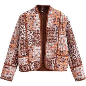 imageFlygo Women Cropped Puffer Jacket Cardigan Floral Printed Quilted Coats Lightweight Open Front Crop Padded Down Jackets02 Brown