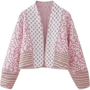 imageFlygo Women Cropped Puffer Jacket Cardigan Floral Printed Quilted Coats Lightweight Open Front Crop Padded Down Jackets03 Pink