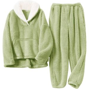 imageFlygo Women Fuzzy Warm Fleece Pajamas Sets Winter Flannel Sleepwear Fluffy Pajama Pullover Top Lounge Pants Set02 Lightgreenkangaroo Pocket