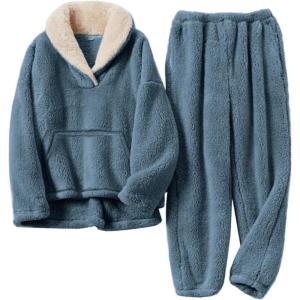 imageFlygo Women Fuzzy Warm Fleece Pajamas Sets Winter Flannel Sleepwear Fluffy Pajama Pullover Top Lounge Pants Set02 Navykangaroo Pocket