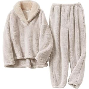 imageFlygo Women Fuzzy Warm Fleece Pajamas Sets Winter Flannel Sleepwear Fluffy Pajama Pullover Top Lounge Pants SetBeige