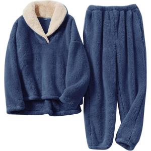 imageFlygo Women Fuzzy Warm Fleece Pajamas Sets Winter Flannel Sleepwear Fluffy Pajama Pullover Top Lounge Pants SetNavy