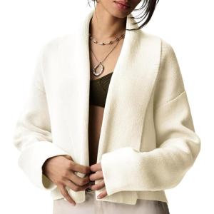 imageFlygo Womens Cropped Cardigan Sweater Oversized Shawl Lapel 2025 Fall Fashion Open Front Sweater Jacket Knit OutwearBeige