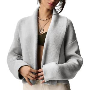 imageFlygo Womens Cropped Cardigan Sweater Oversized Shawl Lapel 2025 Fall Fashion Open Front Sweater Jacket Knit OutwearGrey